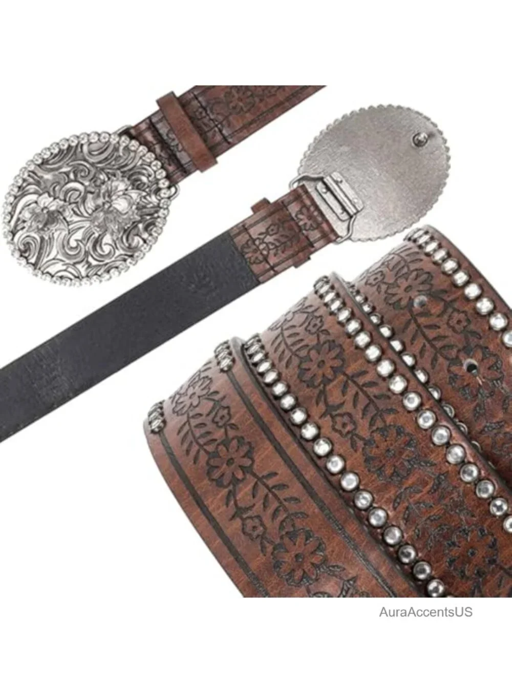 Cowgirl Belt Rhinestone Oval Buckle Embossed PU Leather Western Belt for Jeans